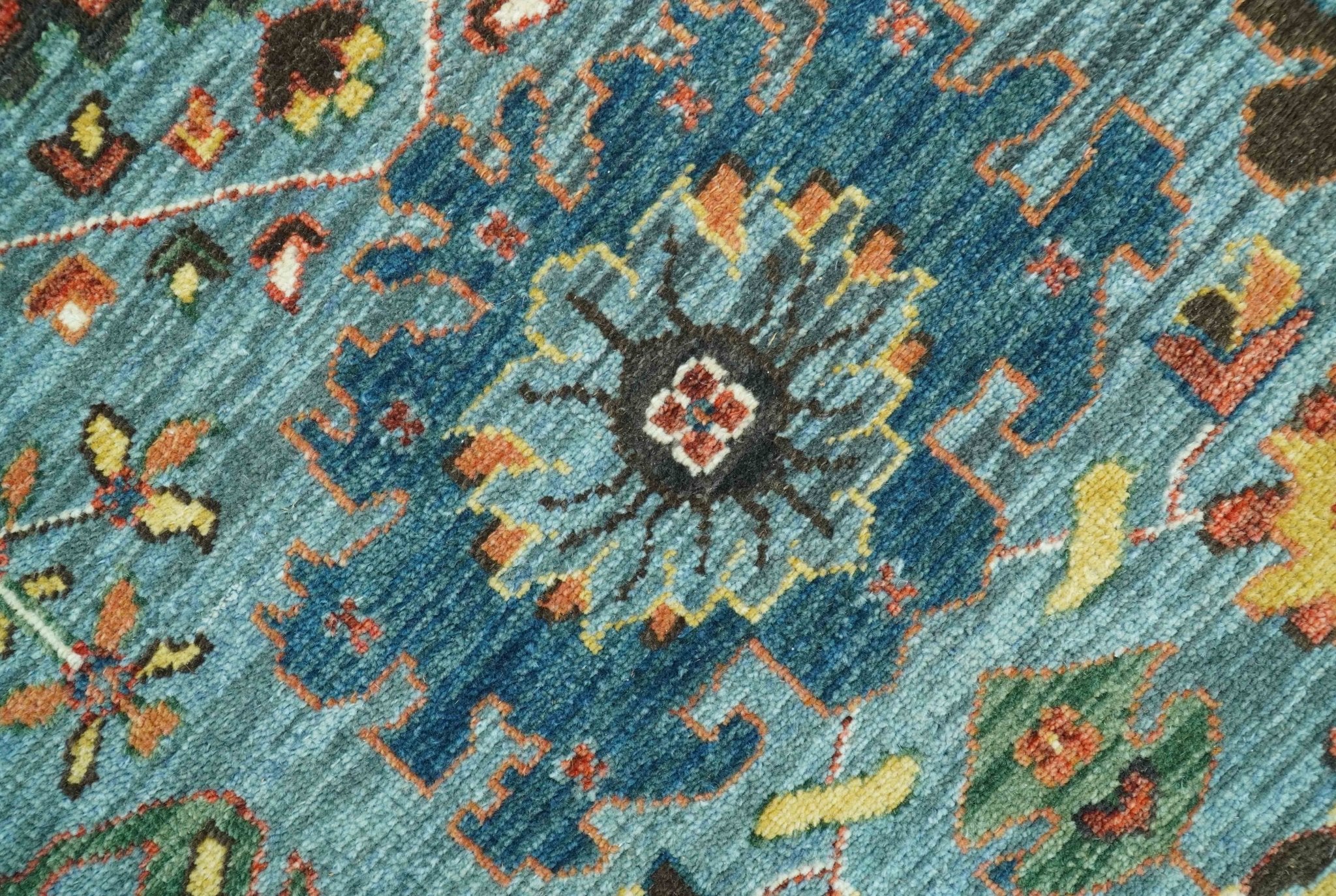 Blue, Green And Rust Traditional Turkish knot fine Hand knotted Wool Area Rug