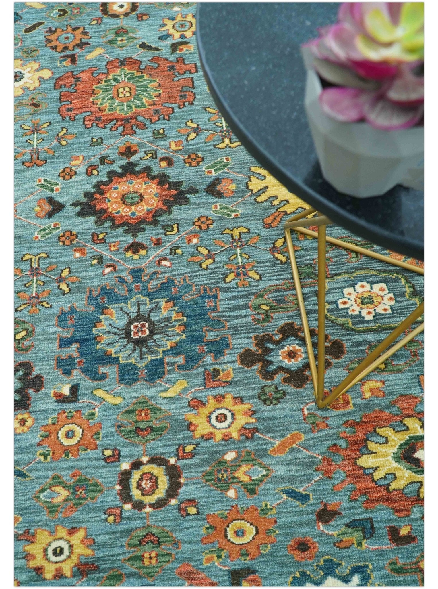 Blue, Green And Rust Traditional Turkish knot fine Hand knotted Wool Area Rug