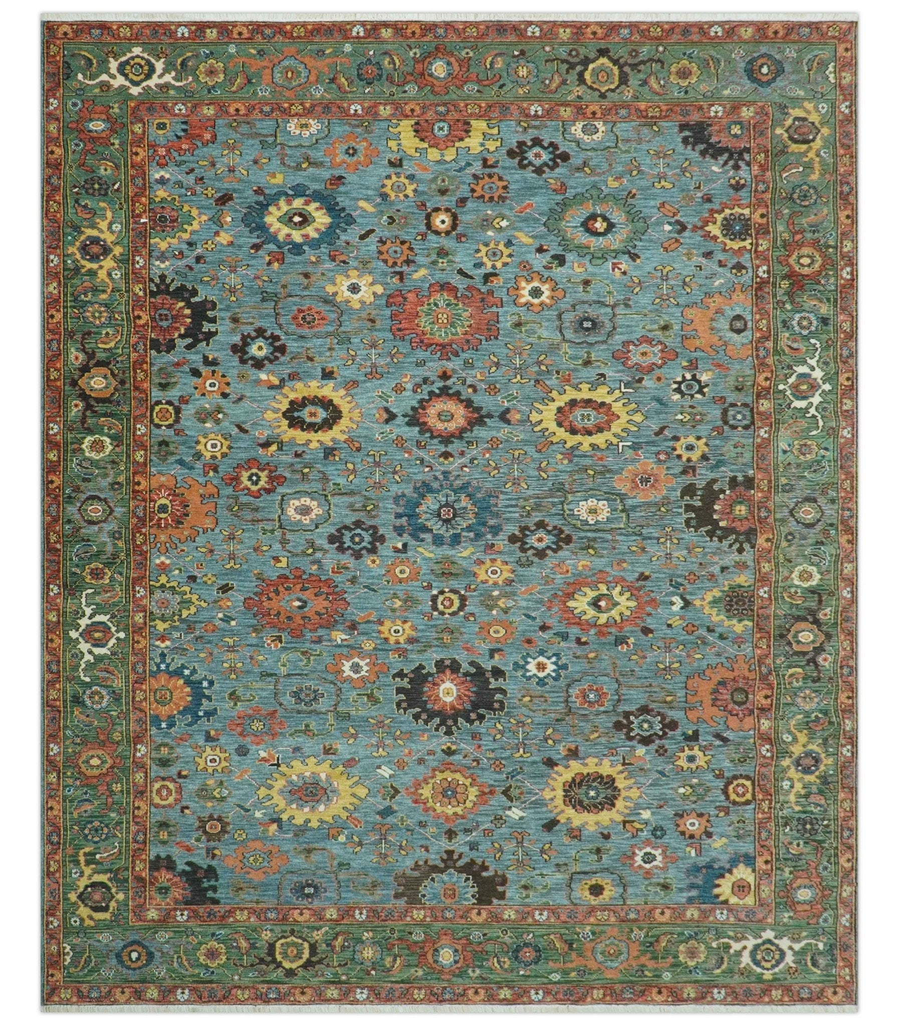 Blue, Green And Rust Traditional Turkish knot fine Hand knotted Wool Area Rug
