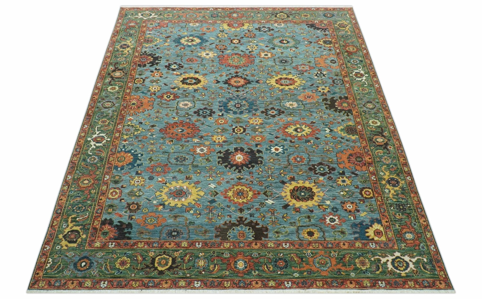 Blue, Green And Rust Traditional Turkish knot fine Hand knotted Wool Area Rug