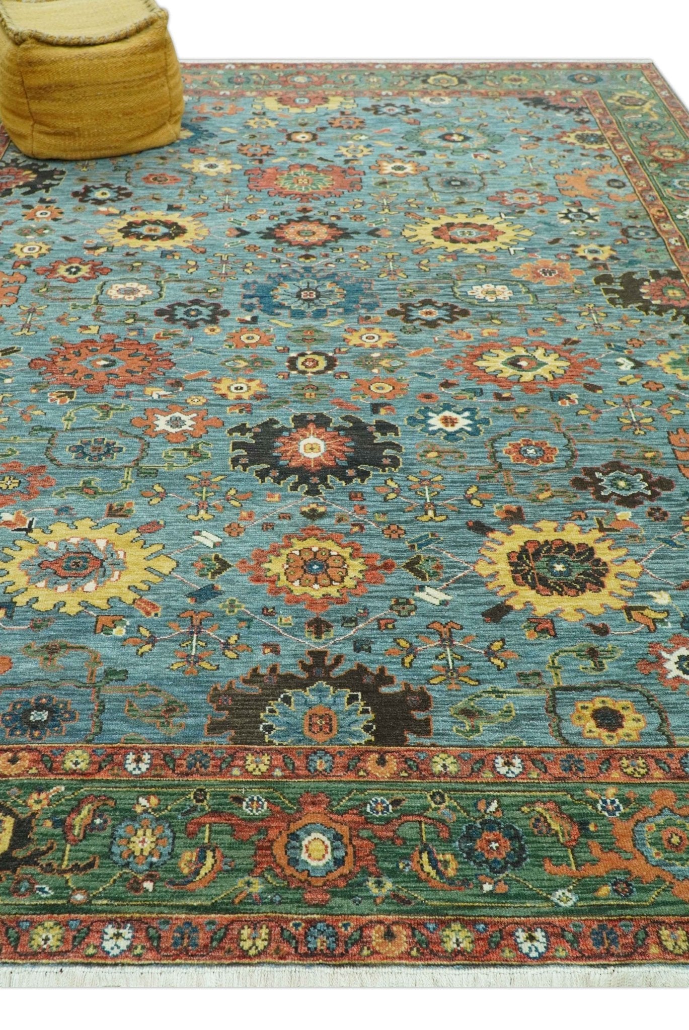 Blue, Green And Rust Traditional Turkish knot fine Hand knotted Wool Area Rug