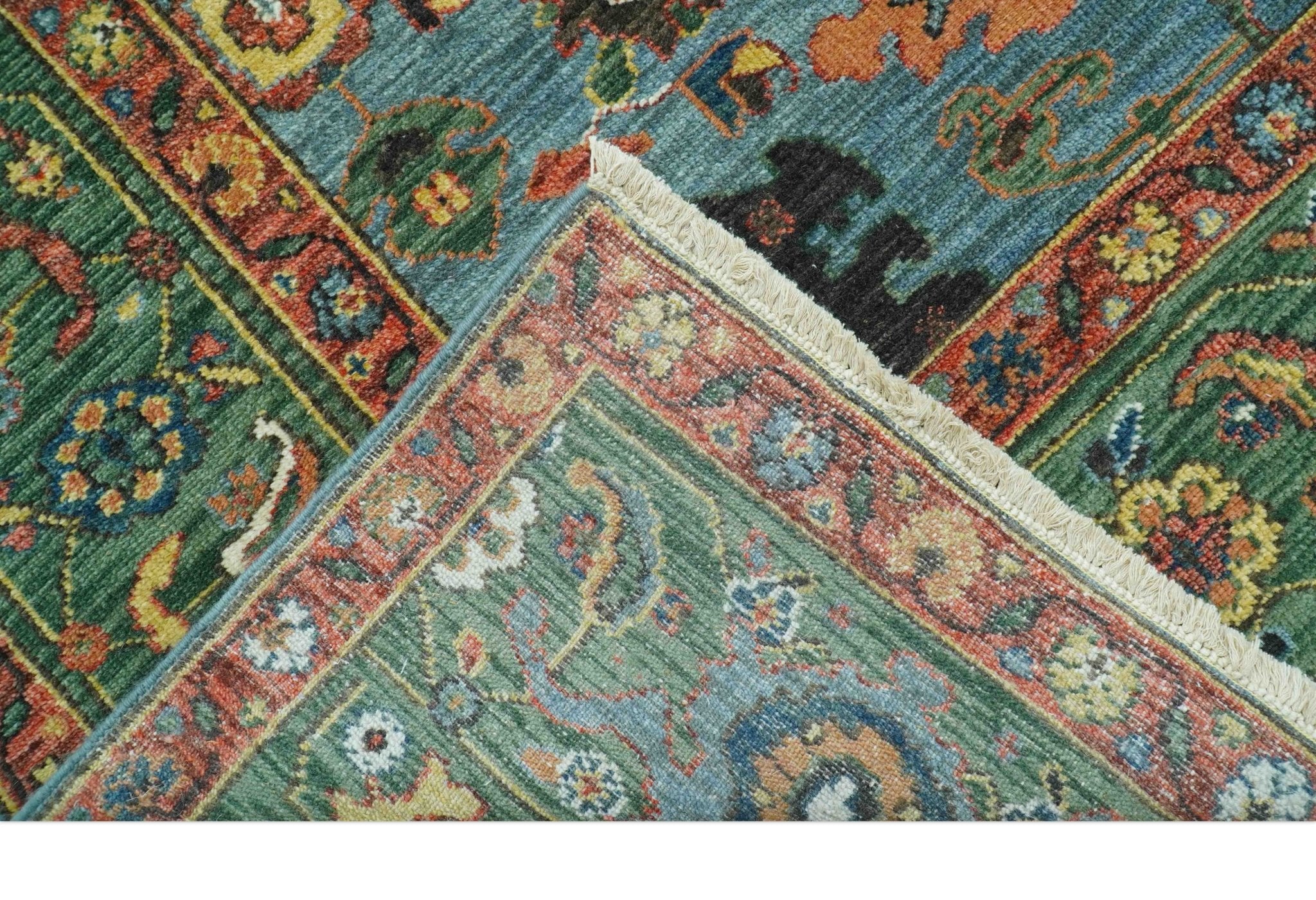 Blue, Green And Rust Traditional Turkish knot fine Hand knotted Wool Area Rug