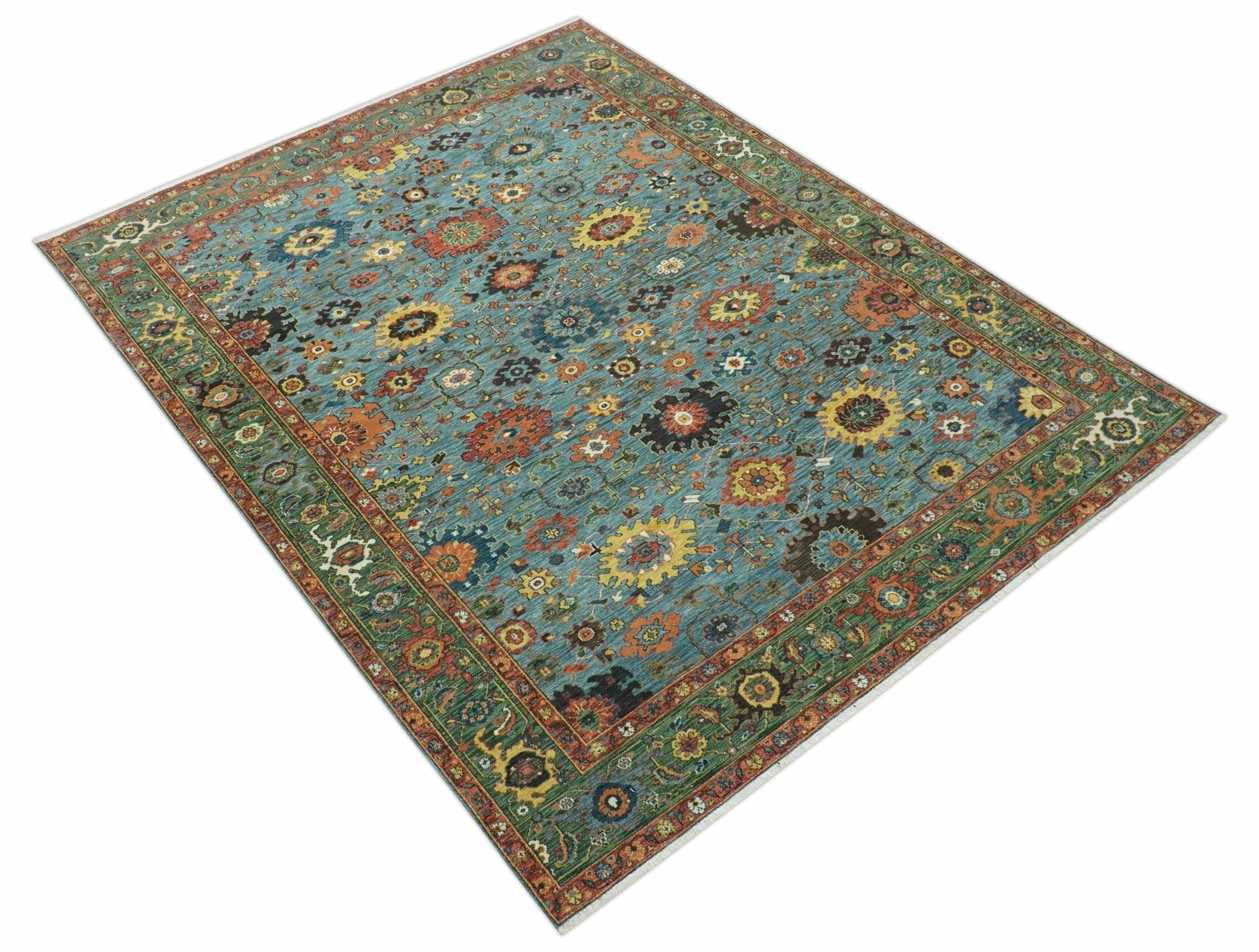 Blue, Green And Rust Traditional Turkish knot fine Hand knotted Wool Area Rug