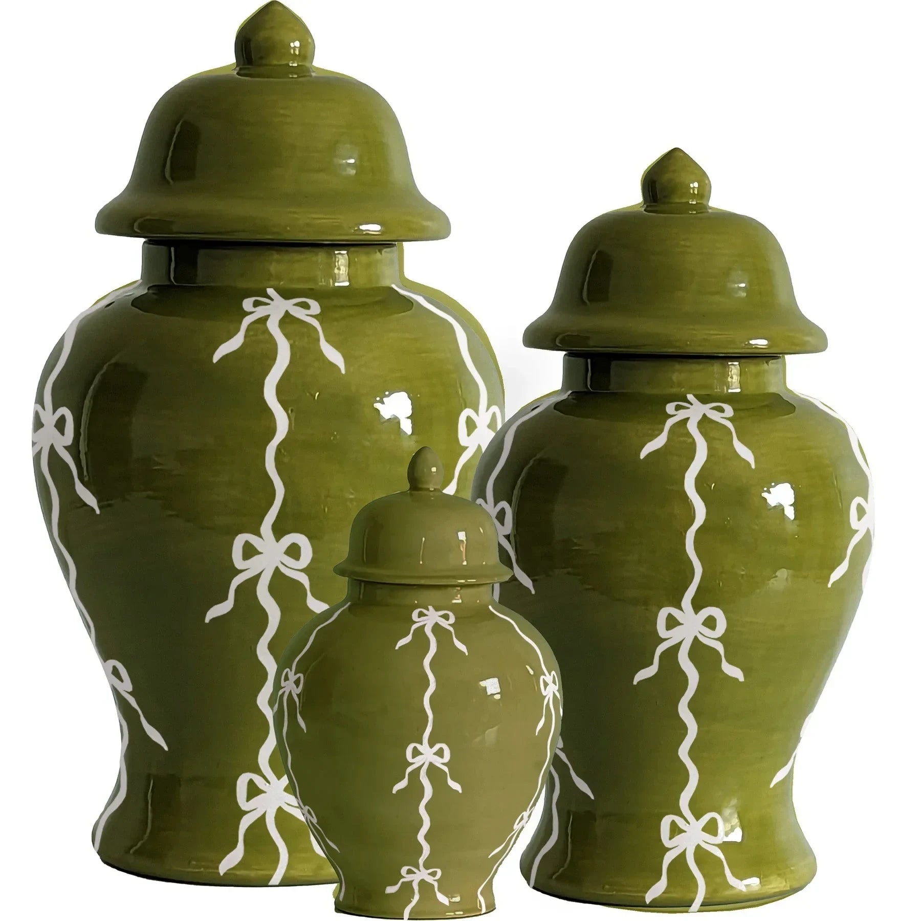 Bow Stripe Ginger Jars in Moss Green - The Mayfair Hall