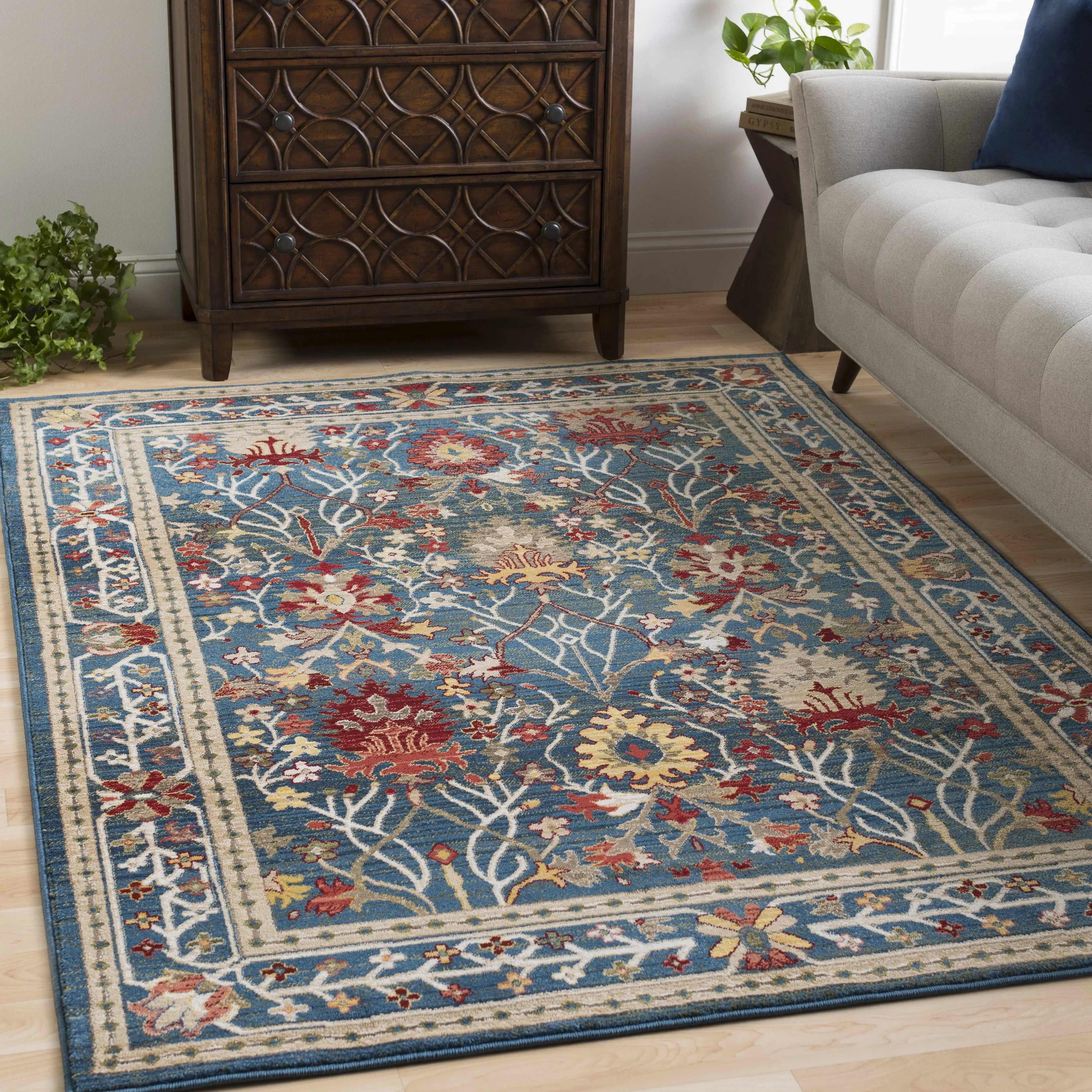 Neola Navy Blue Damask Area Rug - The Mayfair Hall