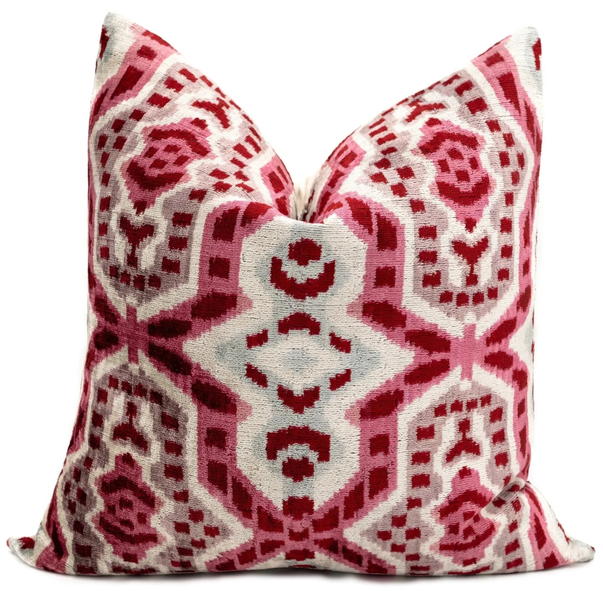 Canvello Handmade Velvet Throw Pillow with Red and Pink Ikat Design - High-Quality 20x20 Inch Decorative Accent with Premium Down Feather - The Mayfair Hall