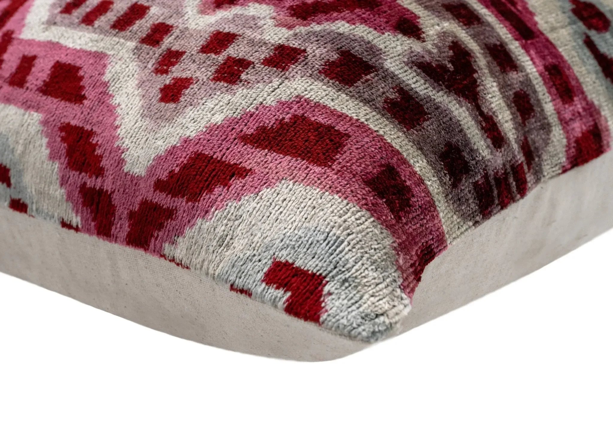 Canvello Handmade Velvet Throw Pillow with Red and Pink Ikat Design - High-Quality 20x20 Inch Decorative Accent with Premium Down Feather - The Mayfair Hall