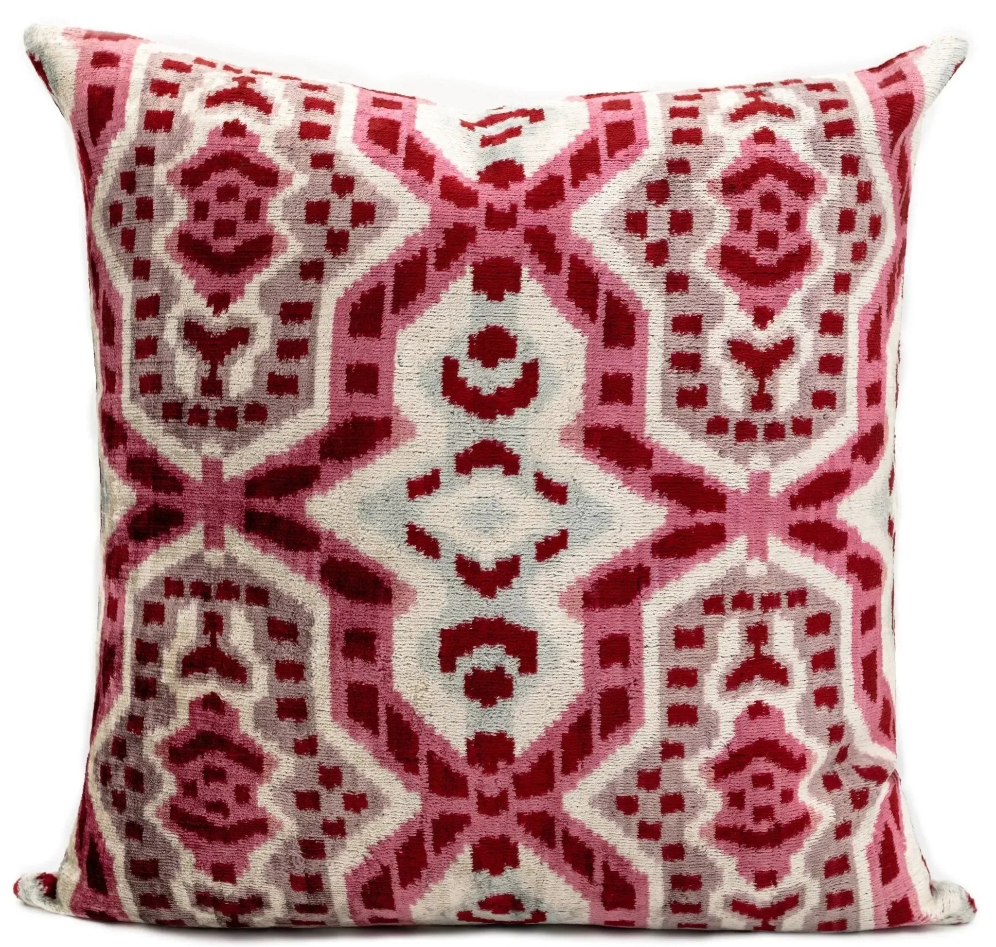 Canvello Handmade Velvet Throw Pillow with Red and Pink Ikat Design - High-Quality 20x20 Inch Decorative Accent with Premium Down Feather - The Mayfair Hall