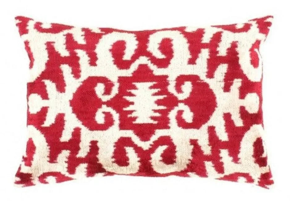 Canvello Red White Designer Ikat Velvet Throw Pillow - 16" X 24" - The Mayfair Hall