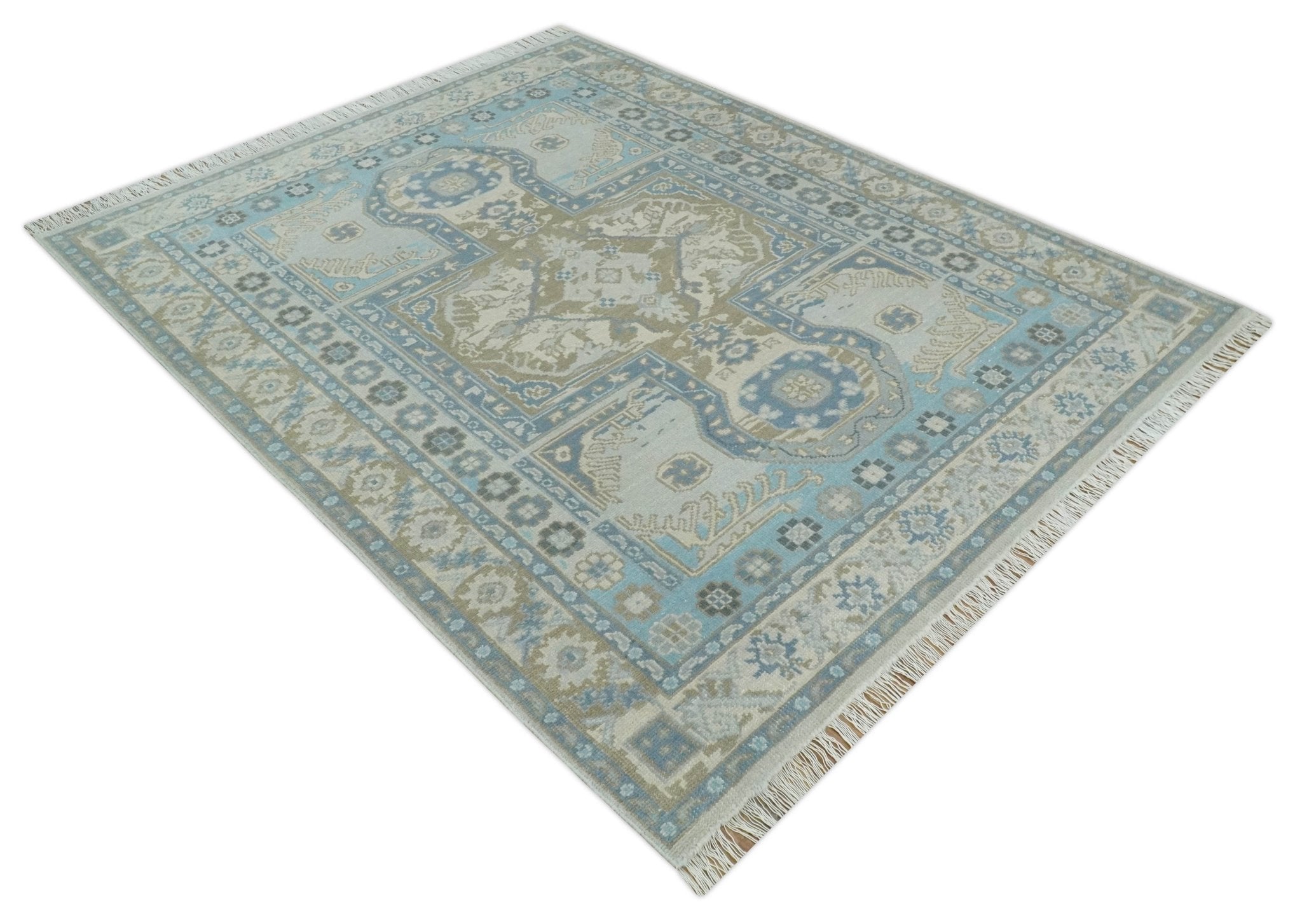 Cappadocia Rug 8x10 Hand Knotted Turkish Blue, Beige and Ivory Traditional Antique Persian Low Pile Area Rug | AC31810