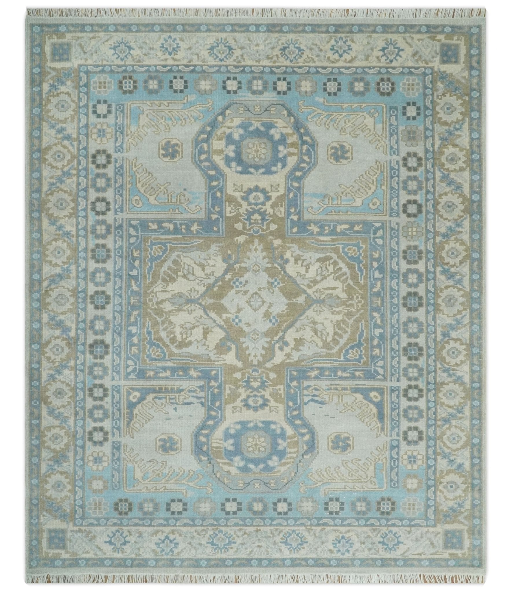 Cappadocia Rug 8x10 Hand Knotted Turkish Blue, Beige and Ivory Traditional Antique Persian Low Pile Area Rug | AC31810