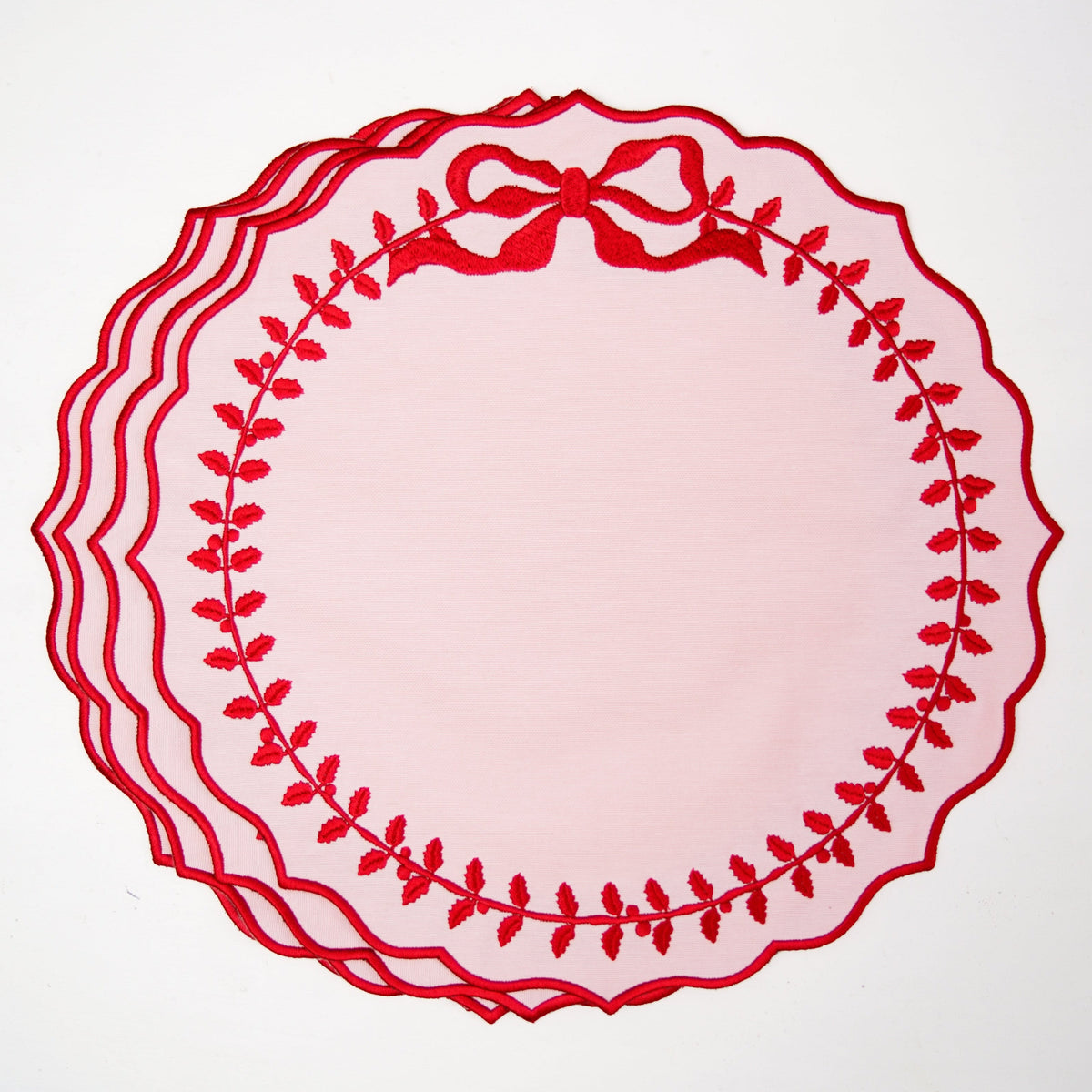 View of Champagne Scalloped Round Cotton Placemat Set in Pink; Cotton blend with silk-thread embroidery, by PNR Decor.