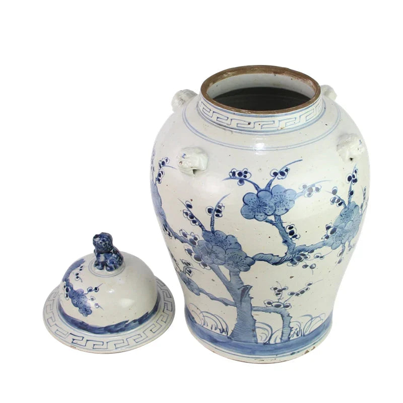Cherry Blossom Blue and White Antiqued Jar