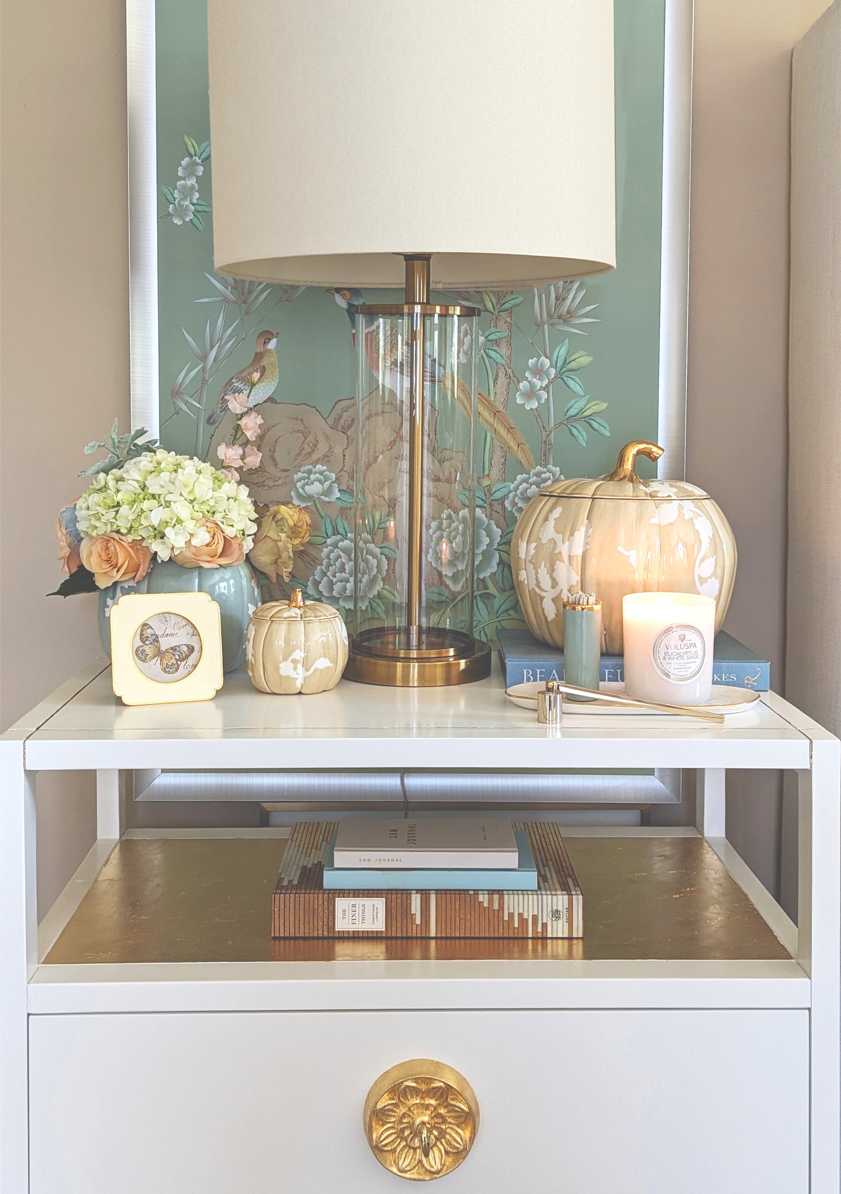 Chinoiserie Pumpkin Jars with 22K Gold Accents in Lamb's Ear Blue
