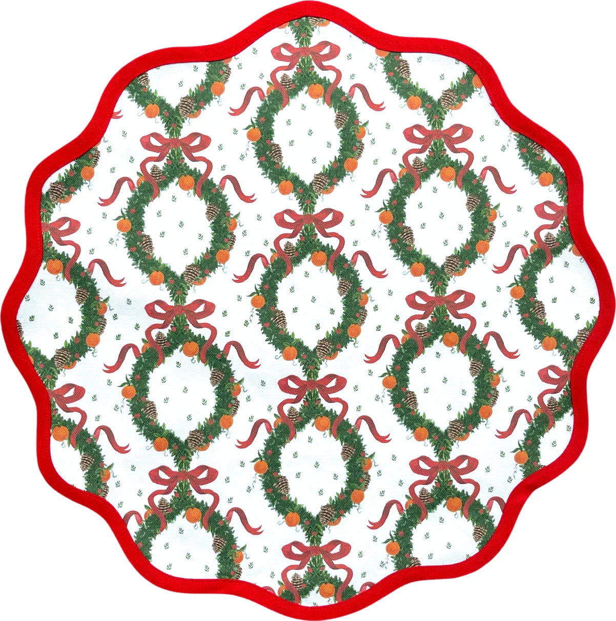 Holiday Wreath and Rosebud Red Round Scalloped Placemat