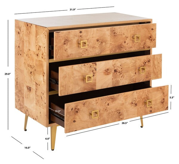 Katia 3 Drawer Wood Chest in Natural with Gold Knob