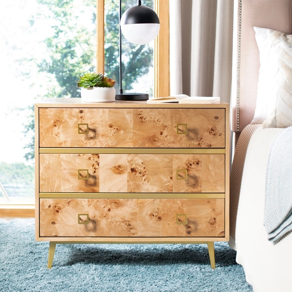Katia 3 Drawer Wood Chest in Natural with Gold Knob