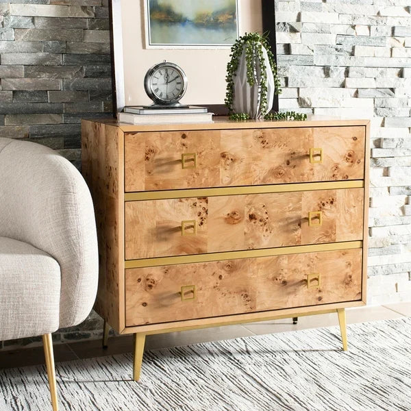 Katia 3 Drawer Wood Chest in Natural with Gold Knob