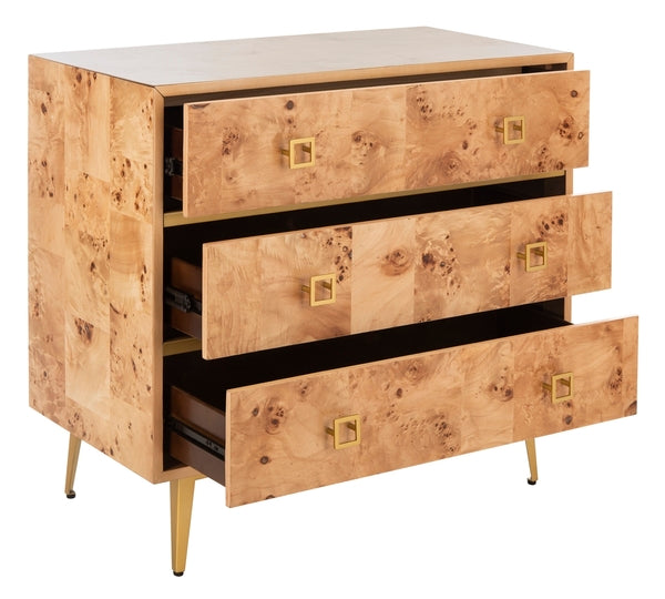 Katia 3 Drawer Wood Chest in Natural with Gold Knob