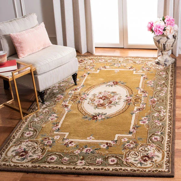 Classic Wool Rug in Light Gold and Green - The Mayfair Hall
