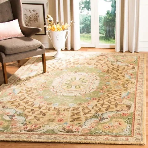 Classic Wool Rug in Taupe and Light Green - The Mayfair Hall
