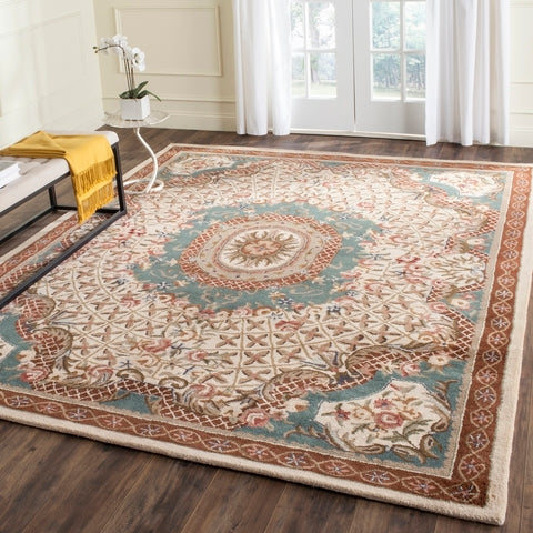 Classic Wool Rug in Ivory and Light Blue