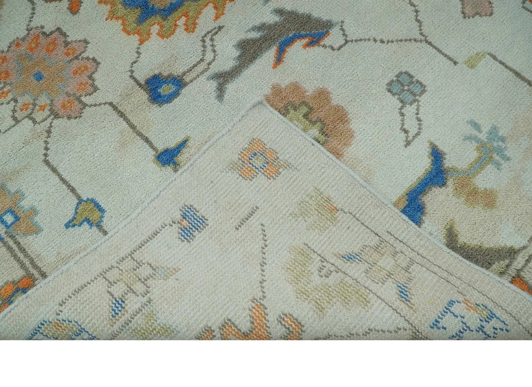 Colorful Ivory, Blue, Orange and Olive Hand Knotted Traditional Oriental Oushak Custom Made wool area Rug - The Rug Decor