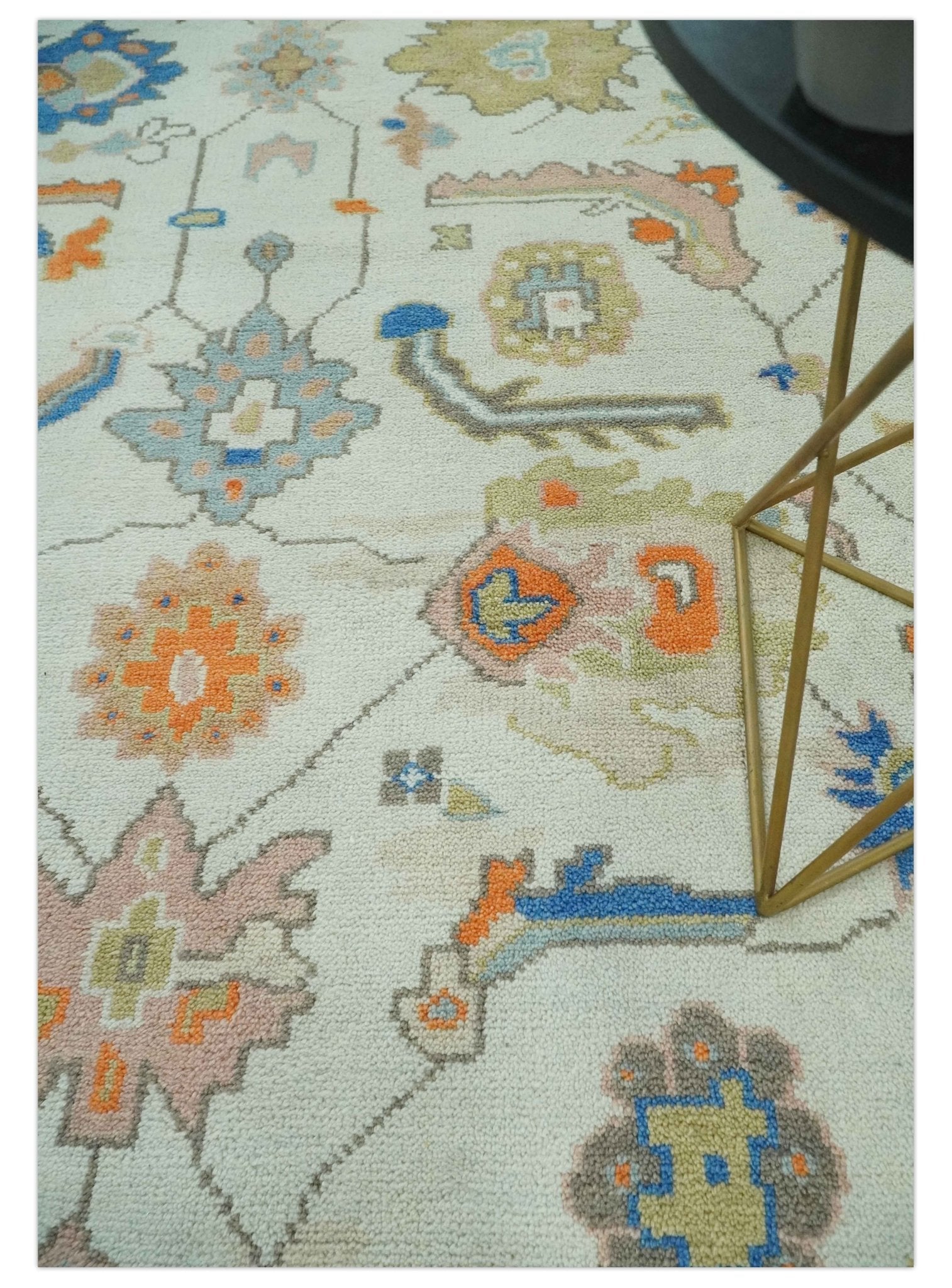 Colorful Ivory, Blue, Orange and Olive Hand Knotted Traditional Oriental Oushak Custom Made wool area Rug - The Rug Decor