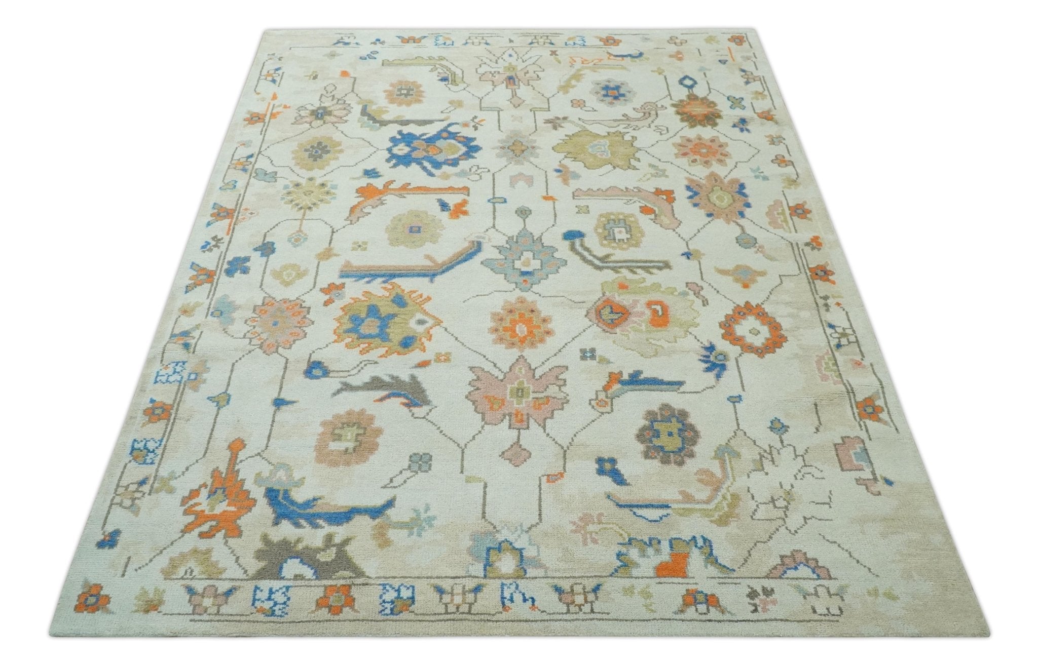 Colorful Ivory, Blue, Orange and Olive Hand Knotted Traditional Oriental Oushak Custom Made wool area Rug - The Rug Decor