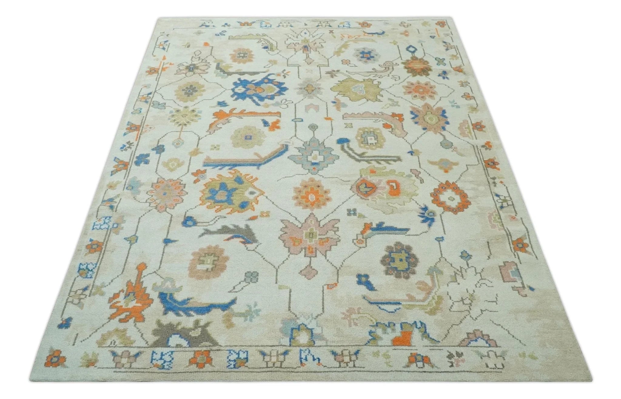 Colorful Ivory, Blue, Orange and Olive Hand Knotted Traditional Oriental Oushak Custom Made wool area Rug - The Rug Decor
