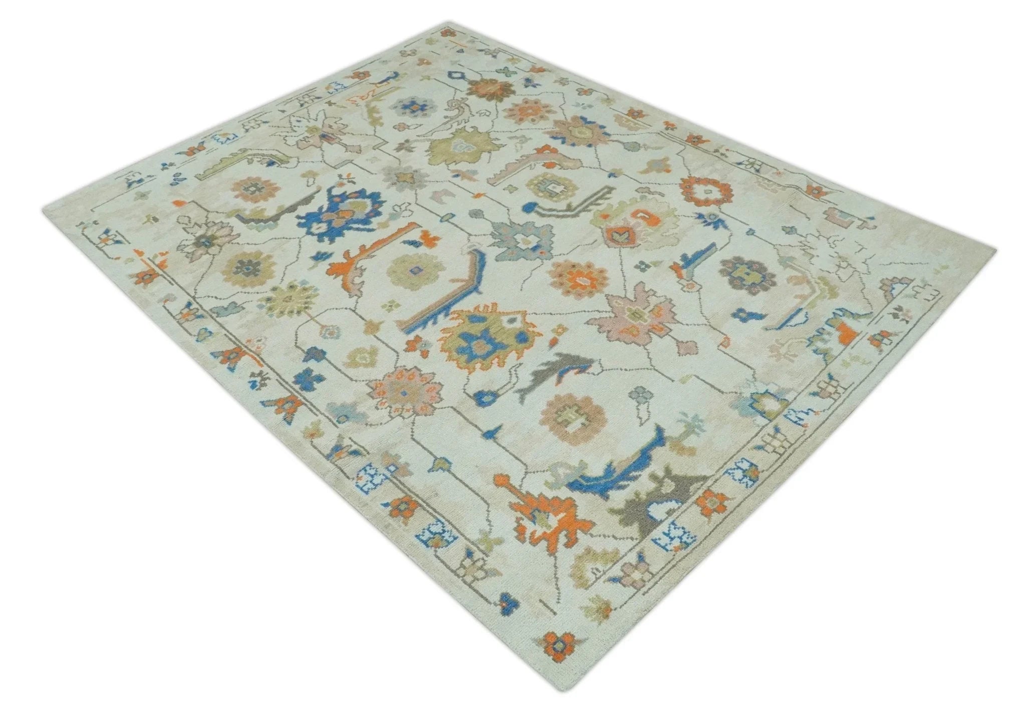 Colorful Ivory, Blue, Orange and Olive Hand Knotted Traditional Oriental Oushak Custom Made wool area Rug - The Rug Decor