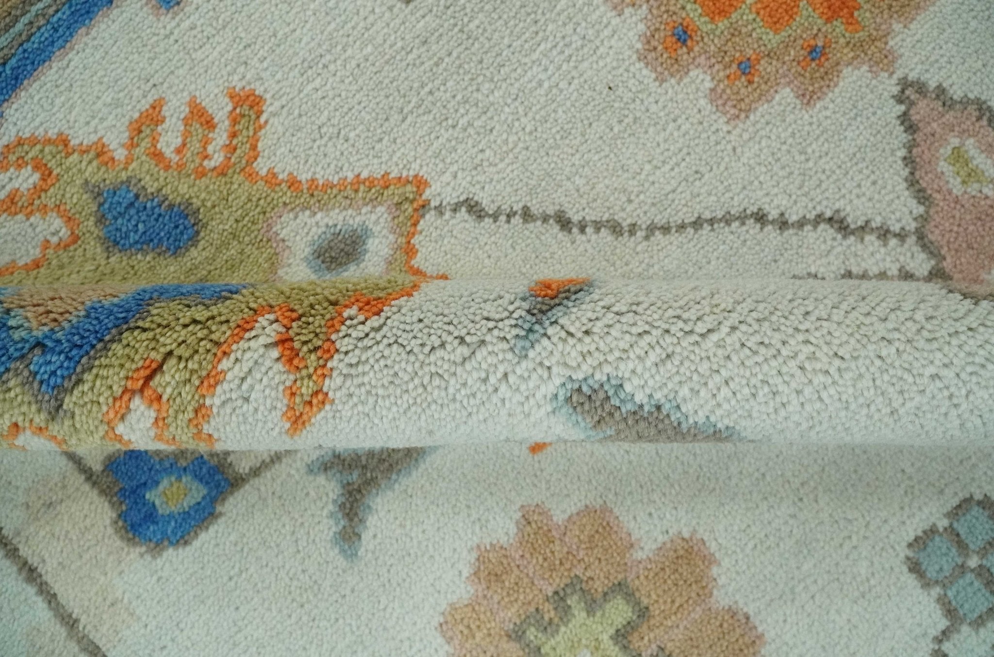 Colorful Ivory, Blue, Orange and Olive Hand Knotted Traditional Oriental Oushak Custom Made wool area Rug - The Rug Decor