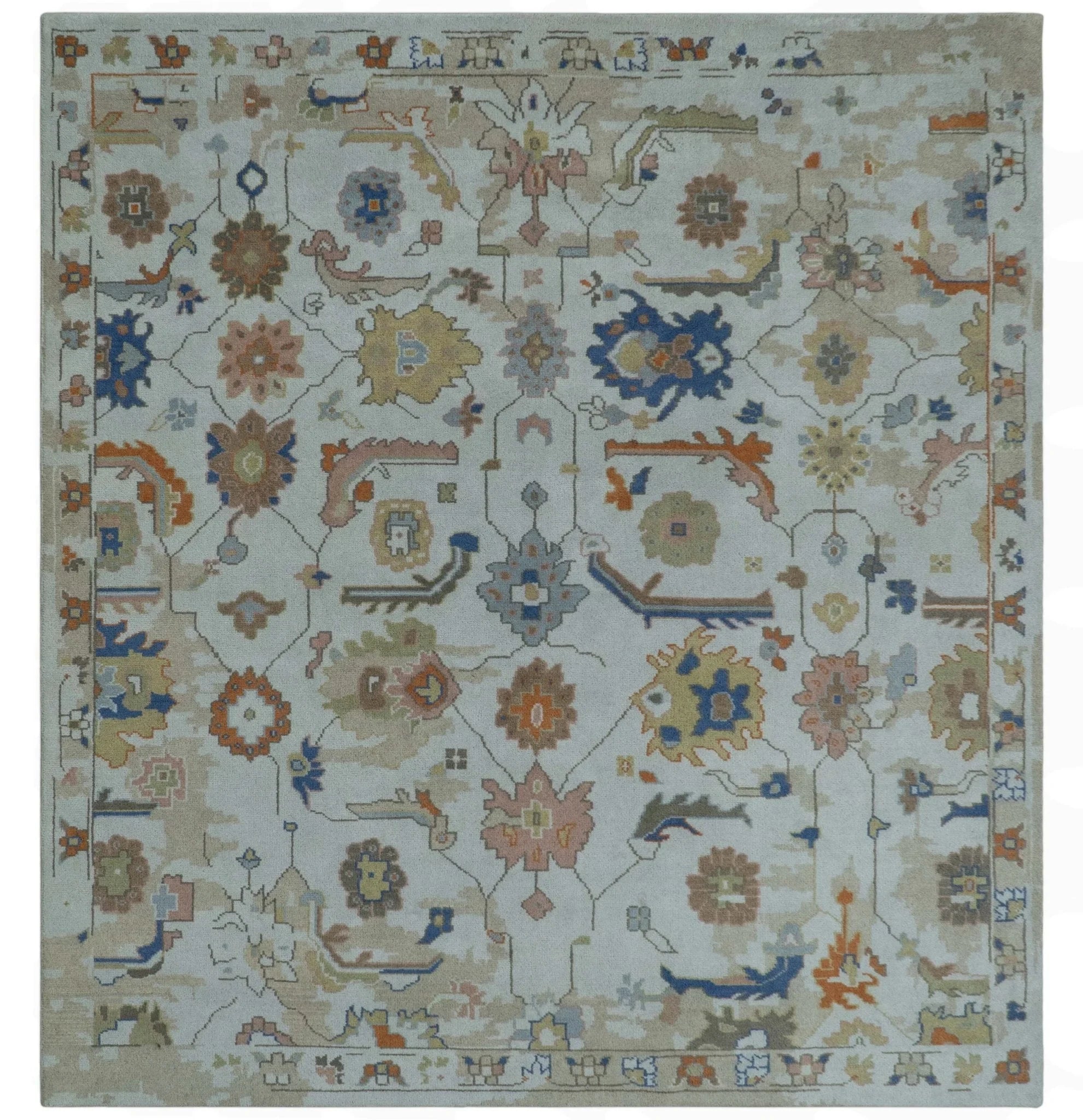 Colorful Ivory, Blue, Orange and Olive Hand Knotted Traditional Oriental Oushak Custom Made wool area Rug - The Rug Decor