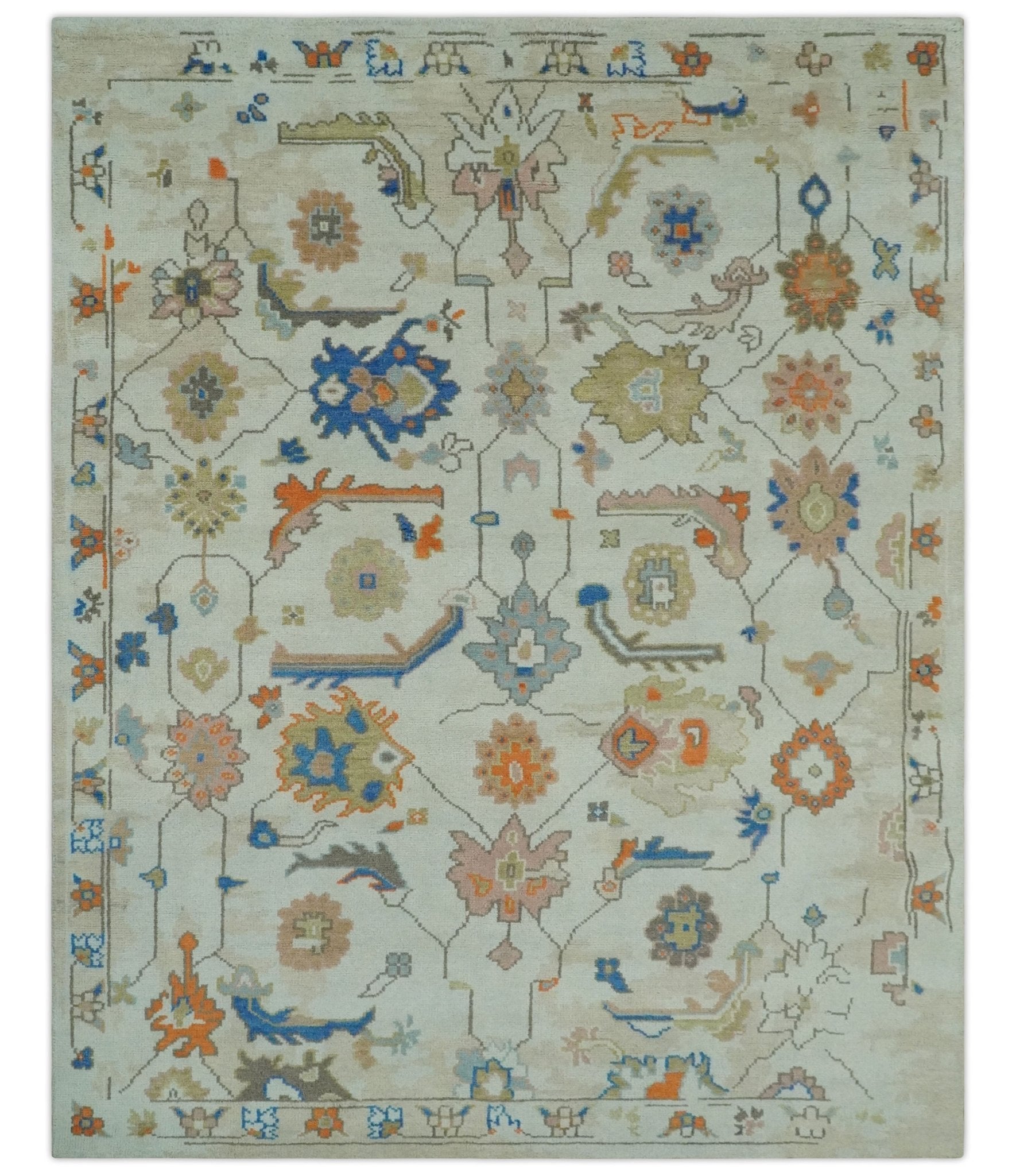 Colorful Ivory, Blue, Orange and Olive Hand Knotted Traditional Oriental Oushak Custom Made wool area Rug - The Rug Decor