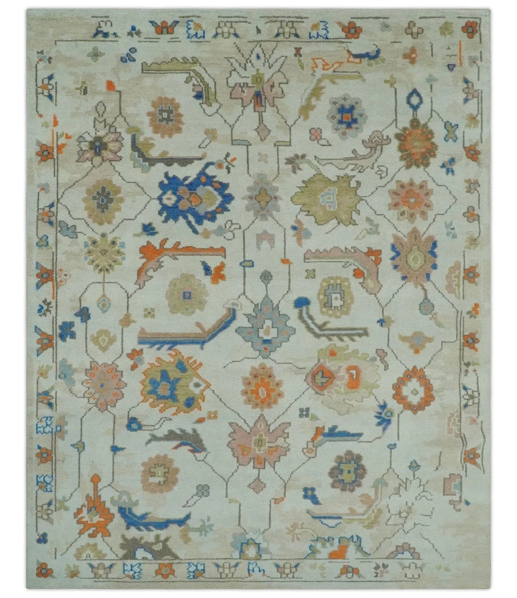 Colorful Ivory, Blue, Orange and Olive Hand Knotted Traditional Oriental Oushak Custom Made wool area Rug - The Rug Decor