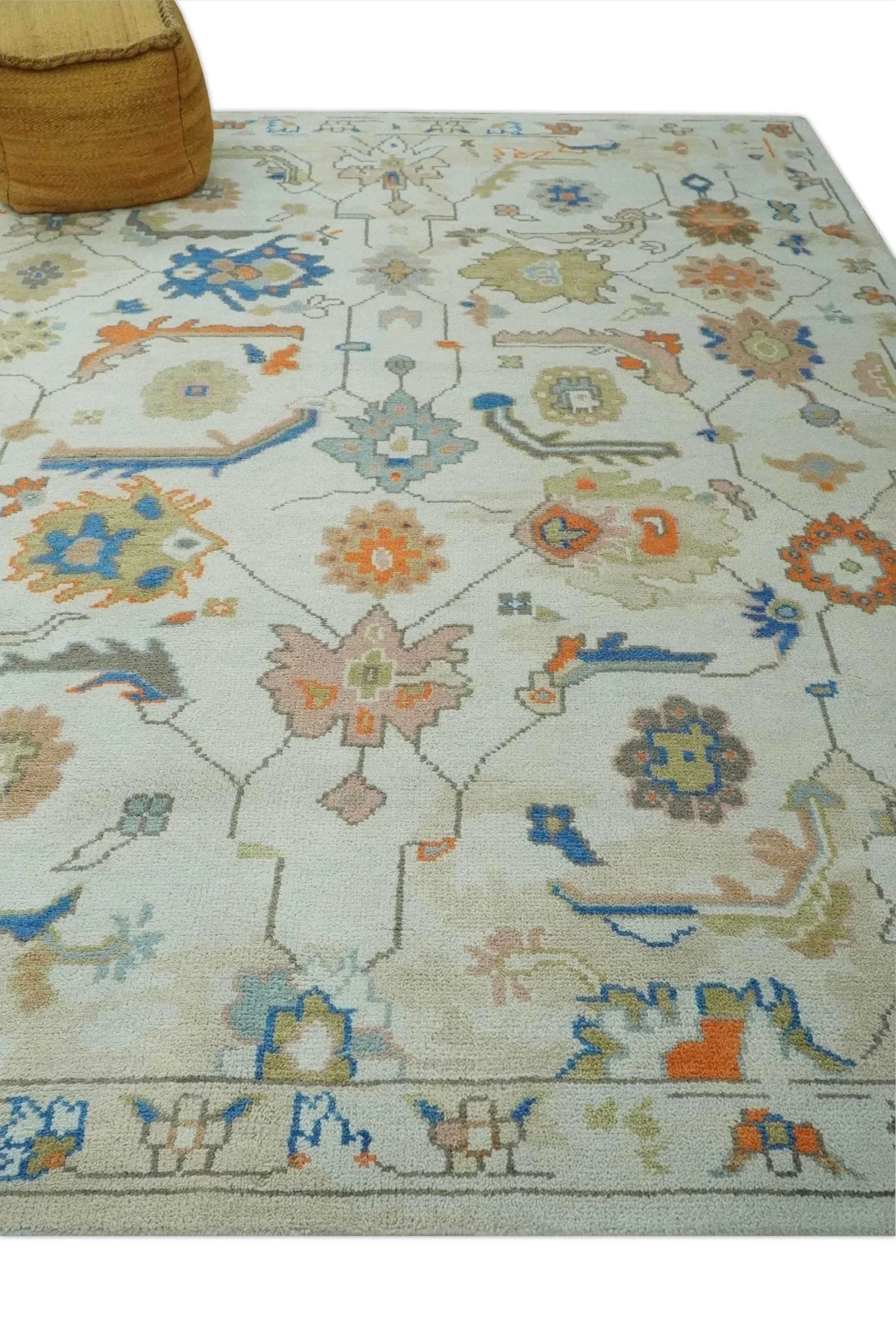 Colorful Ivory, Blue, Orange and Olive Hand Knotted Traditional Oriental Oushak Custom Made wool area Rug - The Rug Decor