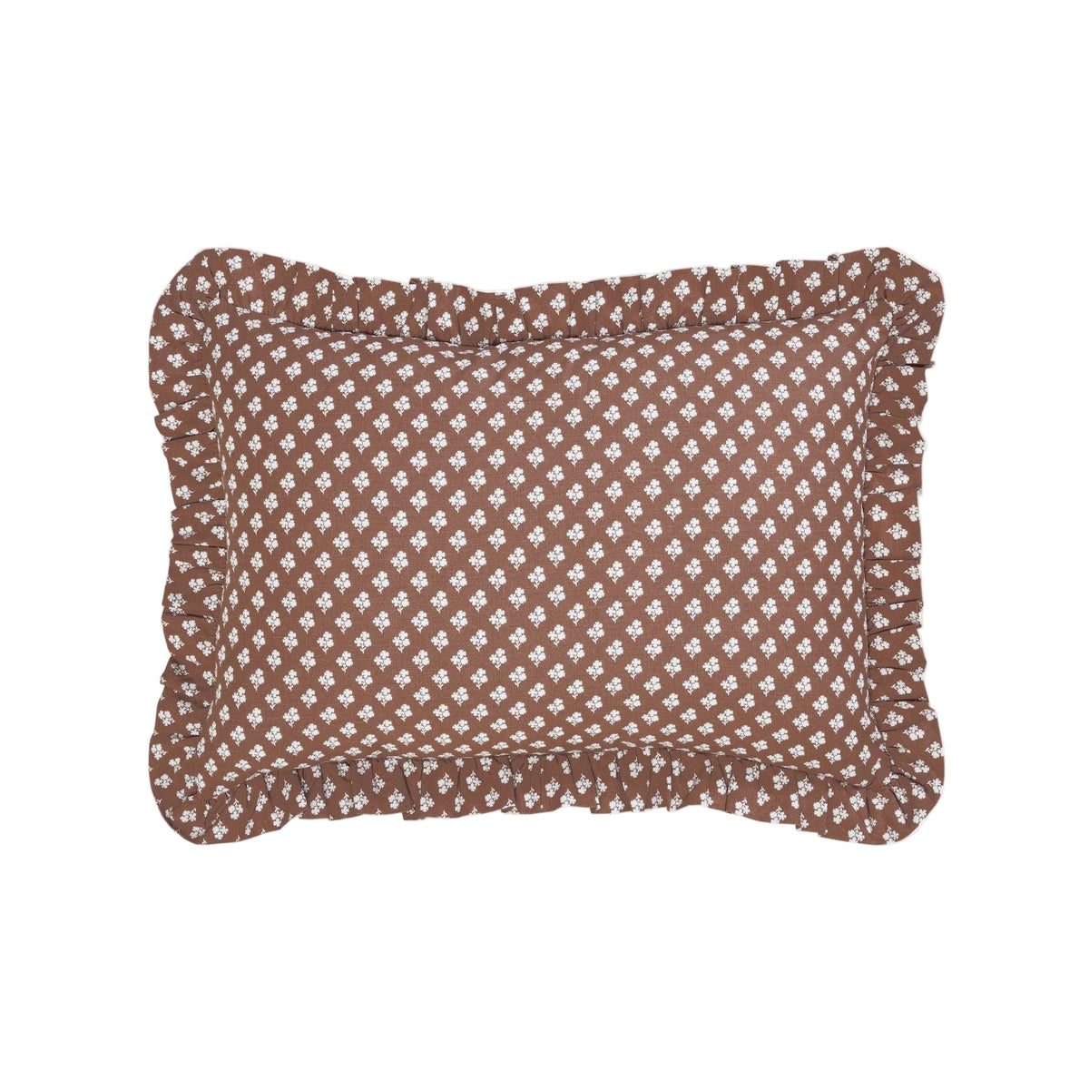 Constance Chocolate Ruffled Lumbar Pillow by Trudie — 14″ × 20″