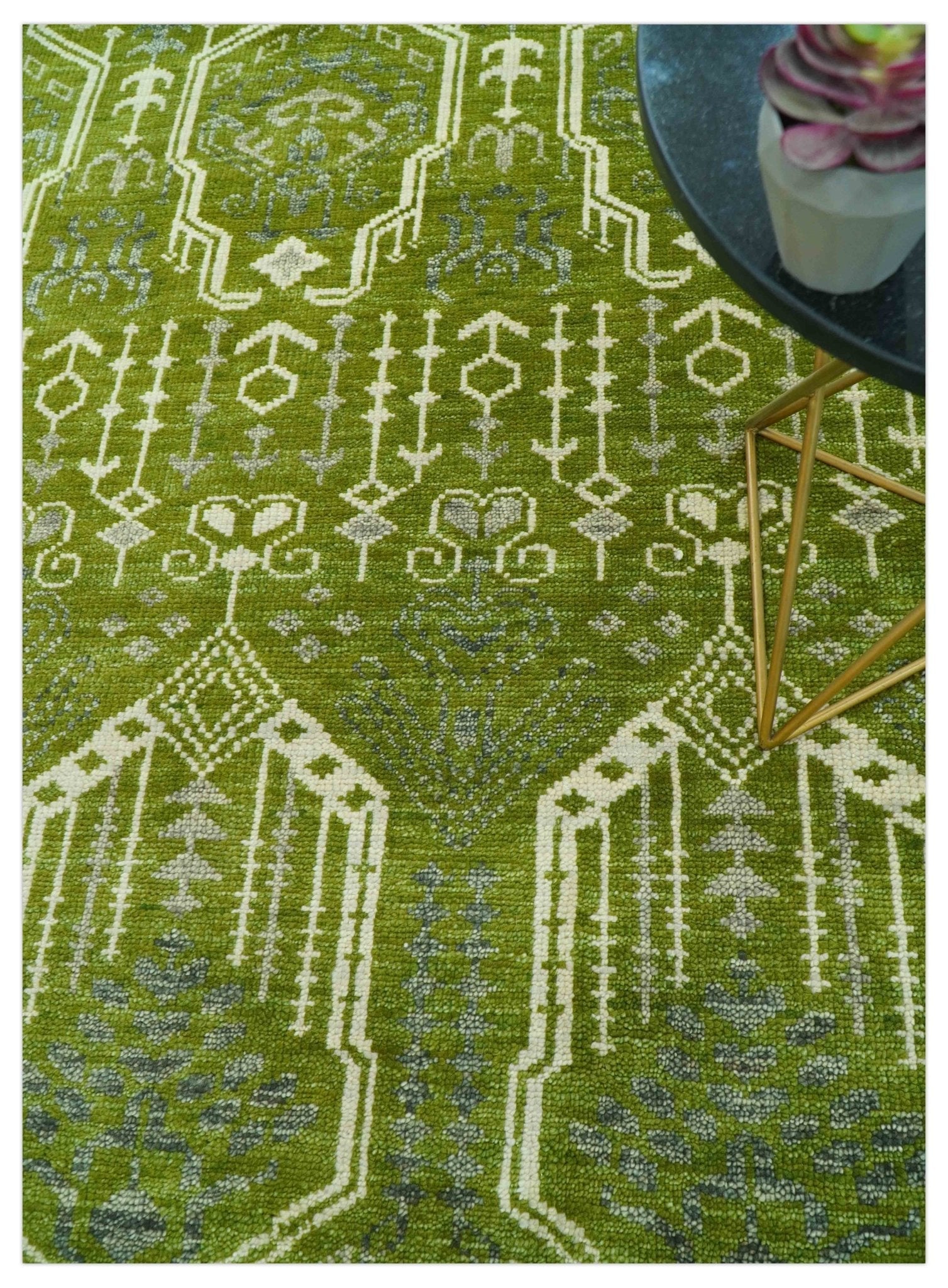 Contemporary Traditional Design Green And Beige Hand Knotted Custom Made Wool Rug - The Rug Decor