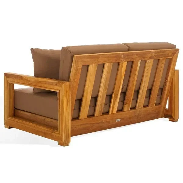 Montford Teak Wood 2-Seater Bench in Brown with Geometric Arms - The Mayfair Hall