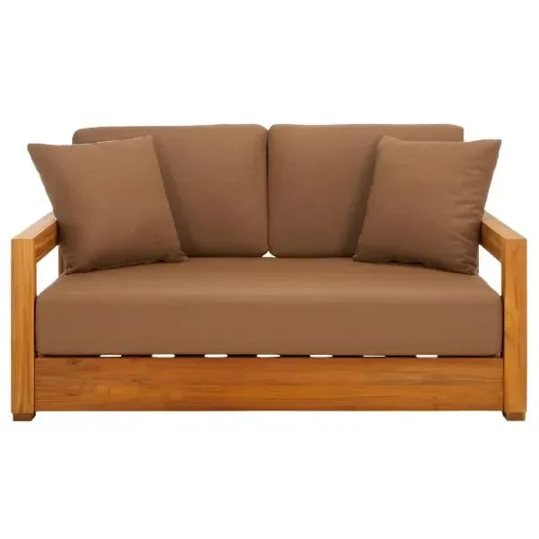 Montford Teak Wood 2-Seater Bench in Brown with Geometric Arms - The Mayfair Hall