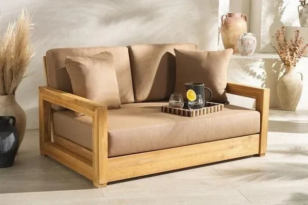 Montford Teak Wood 2-Seater Bench in Brown with Geometric Arms - The Mayfair Hall