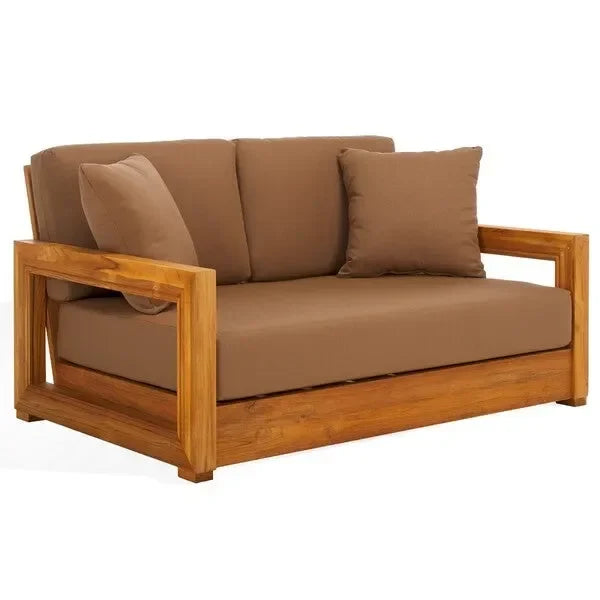 Montford Teak Wood 2-Seater Bench in Brown with Geometric Arms - The Mayfair Hall