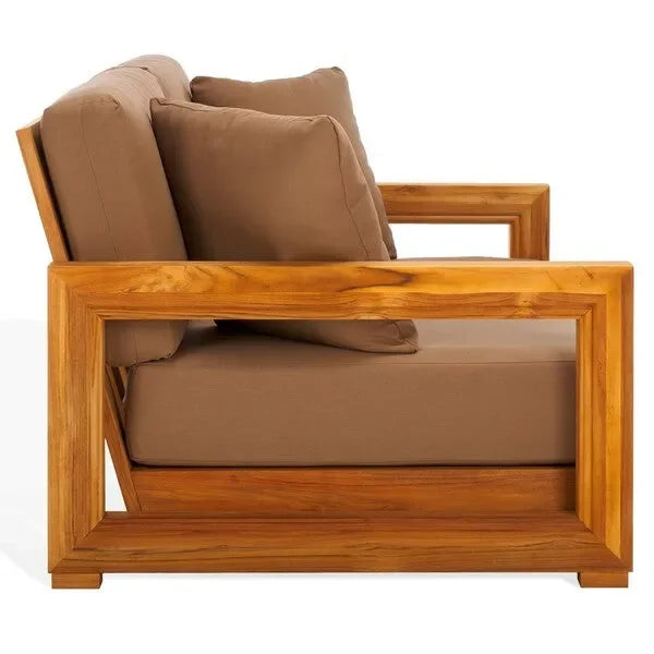 Montford Teak Wood 2-Seater Bench in Brown with Geometric Arms - The Mayfair Hall