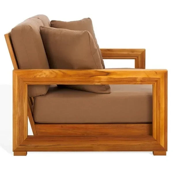 Montford Teak Wood 2-Seater Bench in Brown with Geometric Arms - The Mayfair Hall