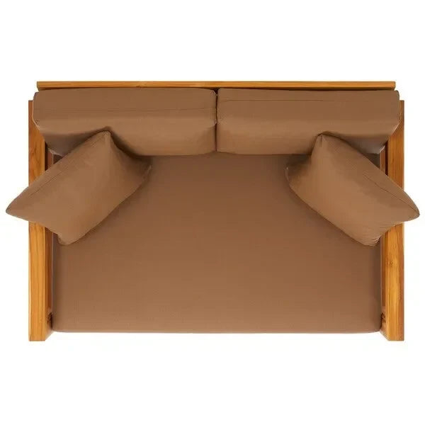 Montford Teak Wood 2-Seater Bench in Brown with Geometric Arms - The Mayfair Hall