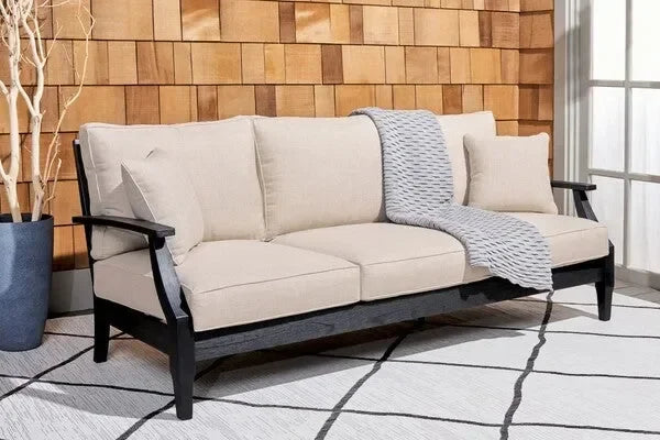 Martinique Wood Patio Sofa in Black/White with Cushion - The Mayfair Hall
