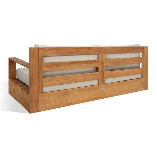 Kauai Teak Wood Patio Sofa in Natural and Beige - The Mayfair Hall