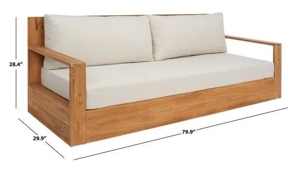 Kauai Teak Wood Patio Sofa in Natural and Beige - The Mayfair Hall