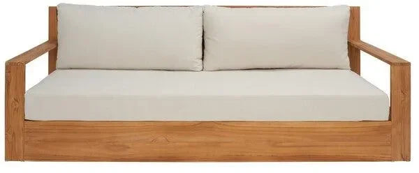 Kauai Teak Wood Patio Sofa in Natural and Beige - The Mayfair Hall