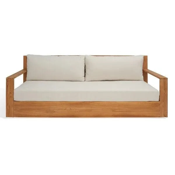 Kauai Teak Wood Patio Sofa in Natural and Beige - The Mayfair Hall